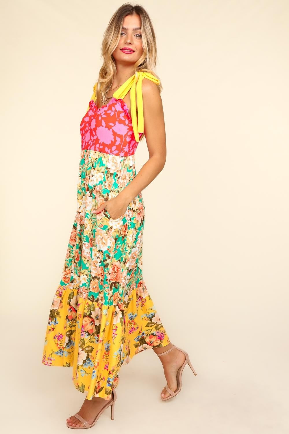 Floral Color Block Trendy Maxi Dress with Pockets