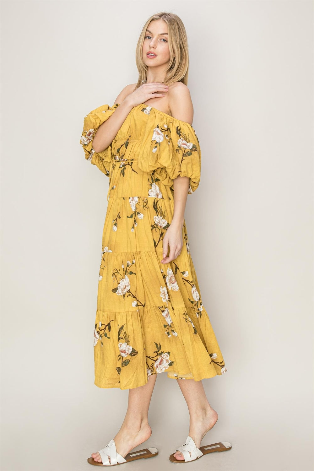 Yellow Floral Puff Sleeve Tiered Maxi Dress