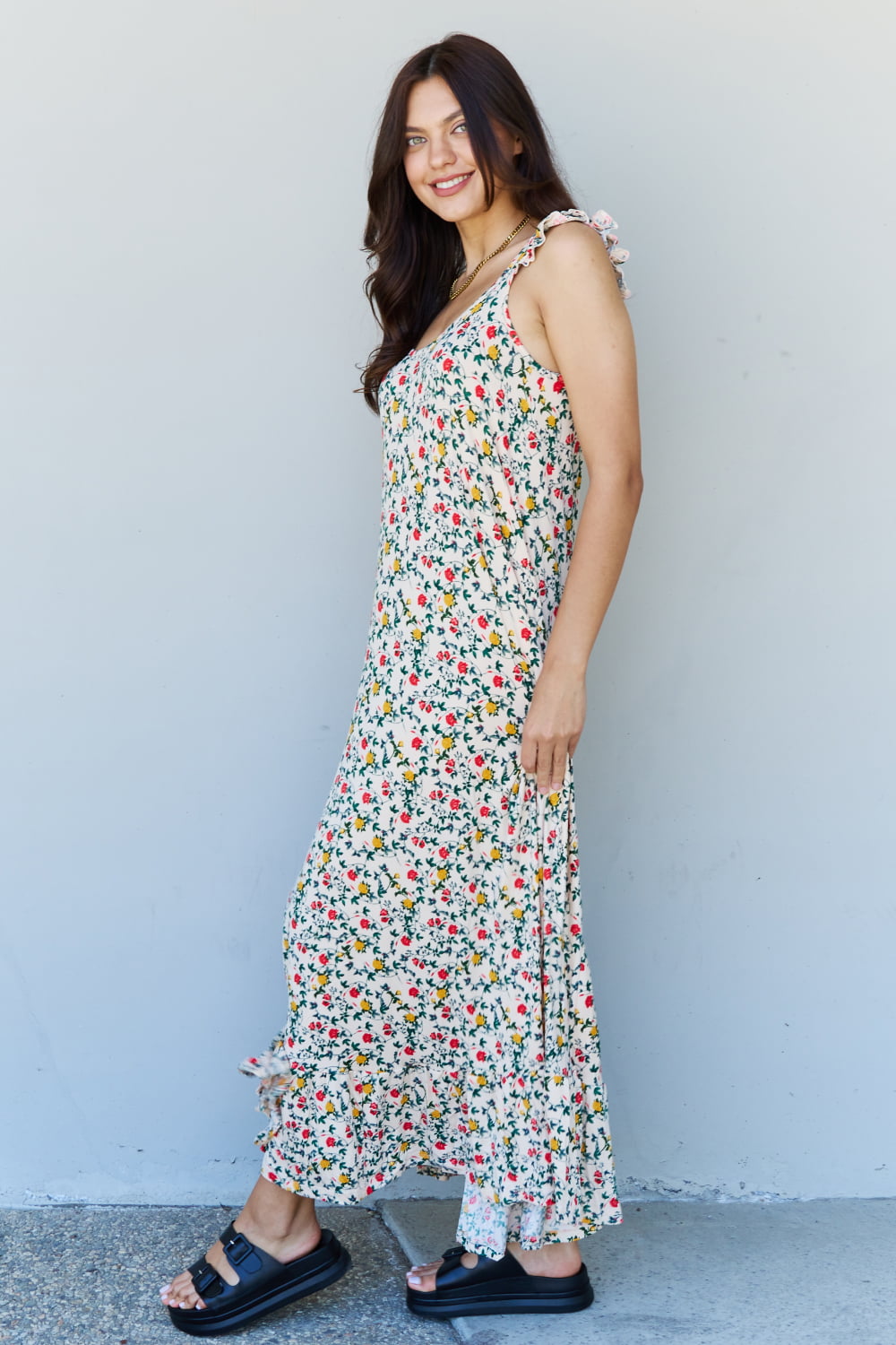 Ruffle Floral Maxi Dress in Natural Rose