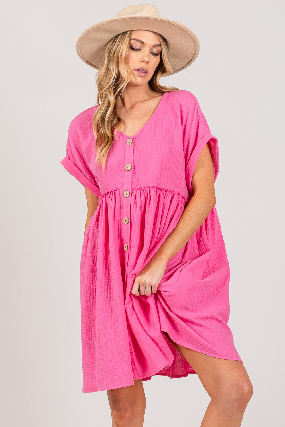 Pink Button Up Short Sleeve Short Dress