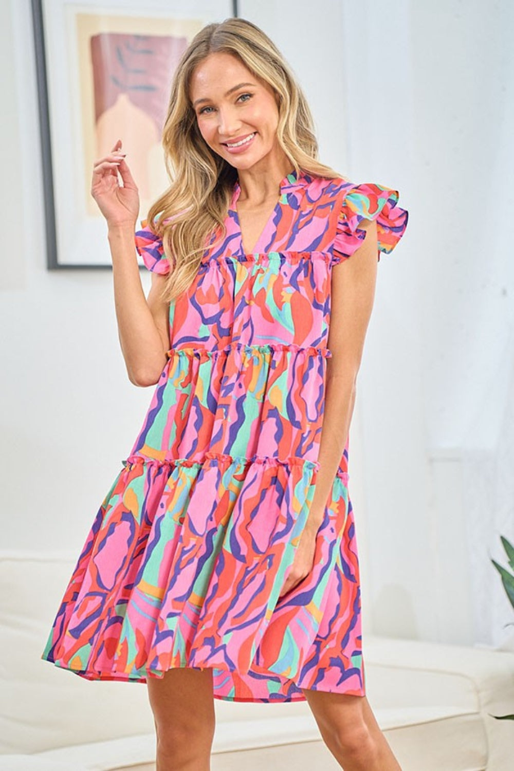 Printed Ruffle Cap Sleeve Tiered Short Dress