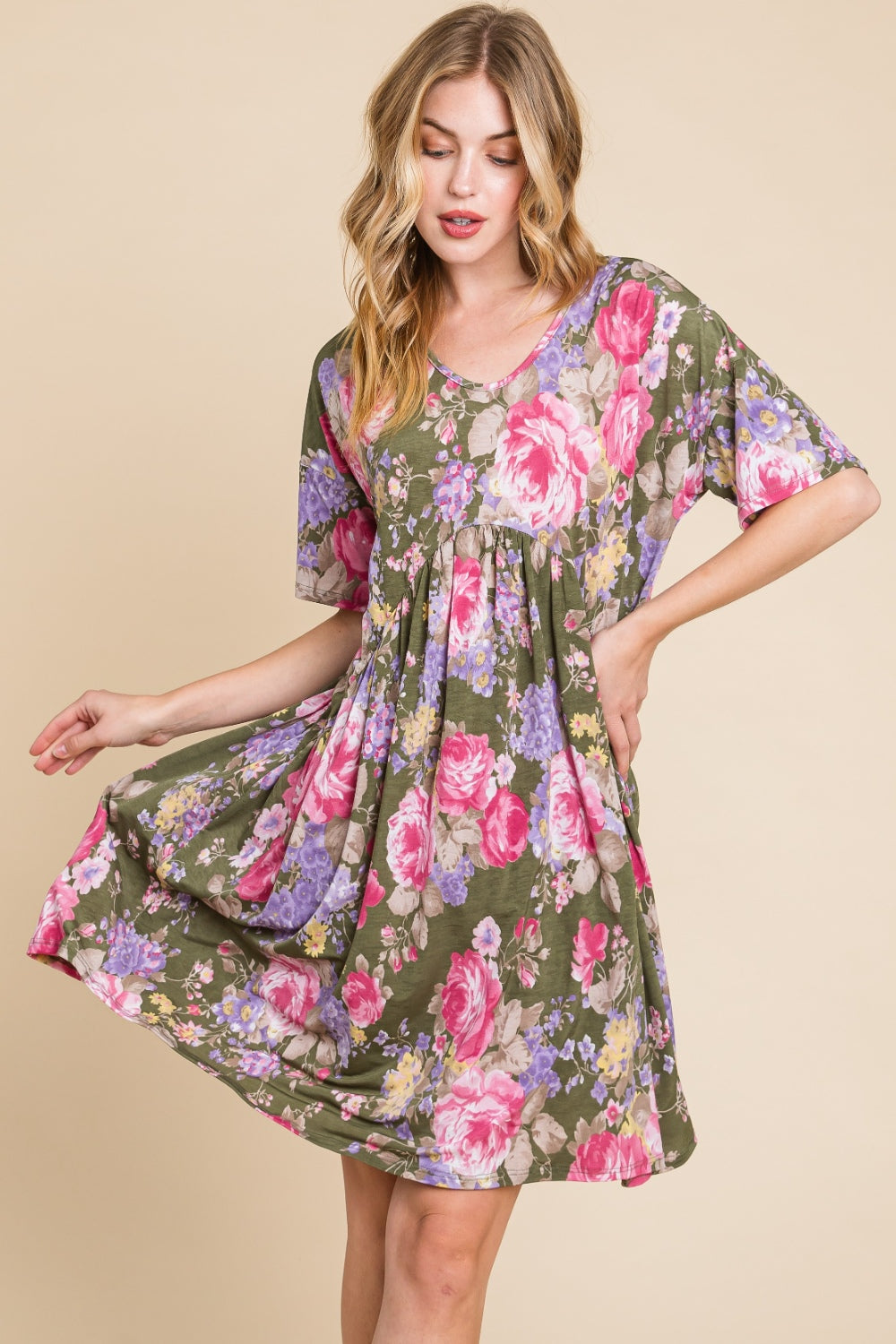 Flower Print V-Neck Ruched Short Dress