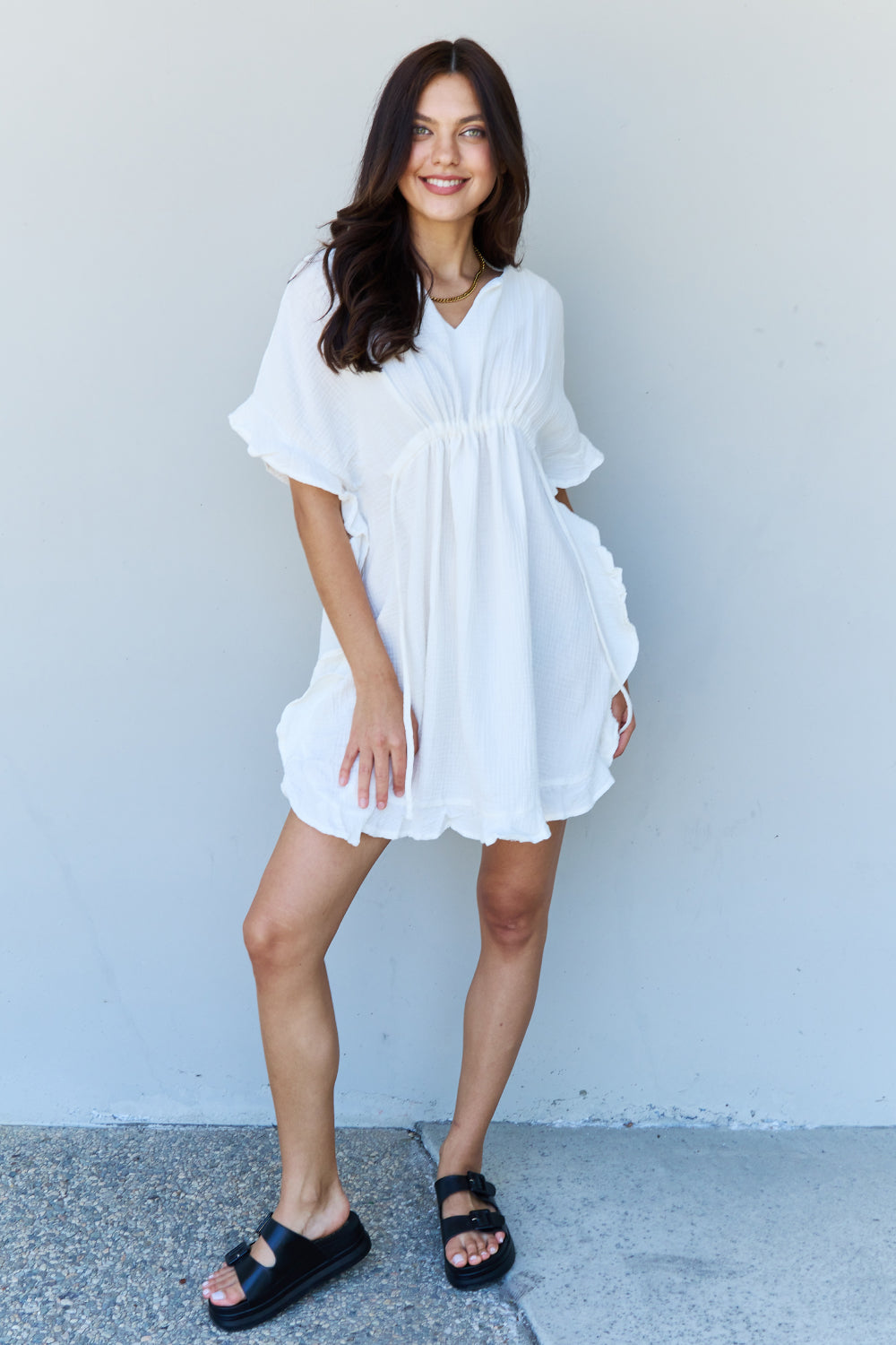 Full Size Ruffle Hem sHORT Dress with Drawstring Waistband in White