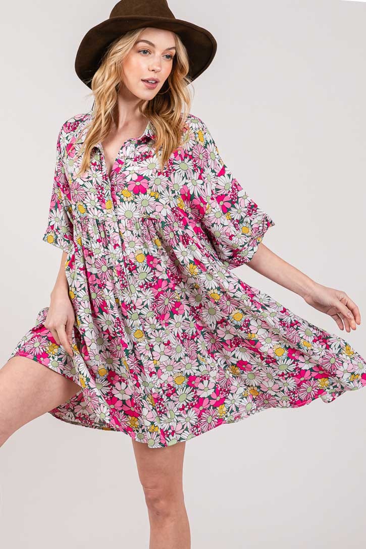 Multi Floral Button Down Shirt Short Dress