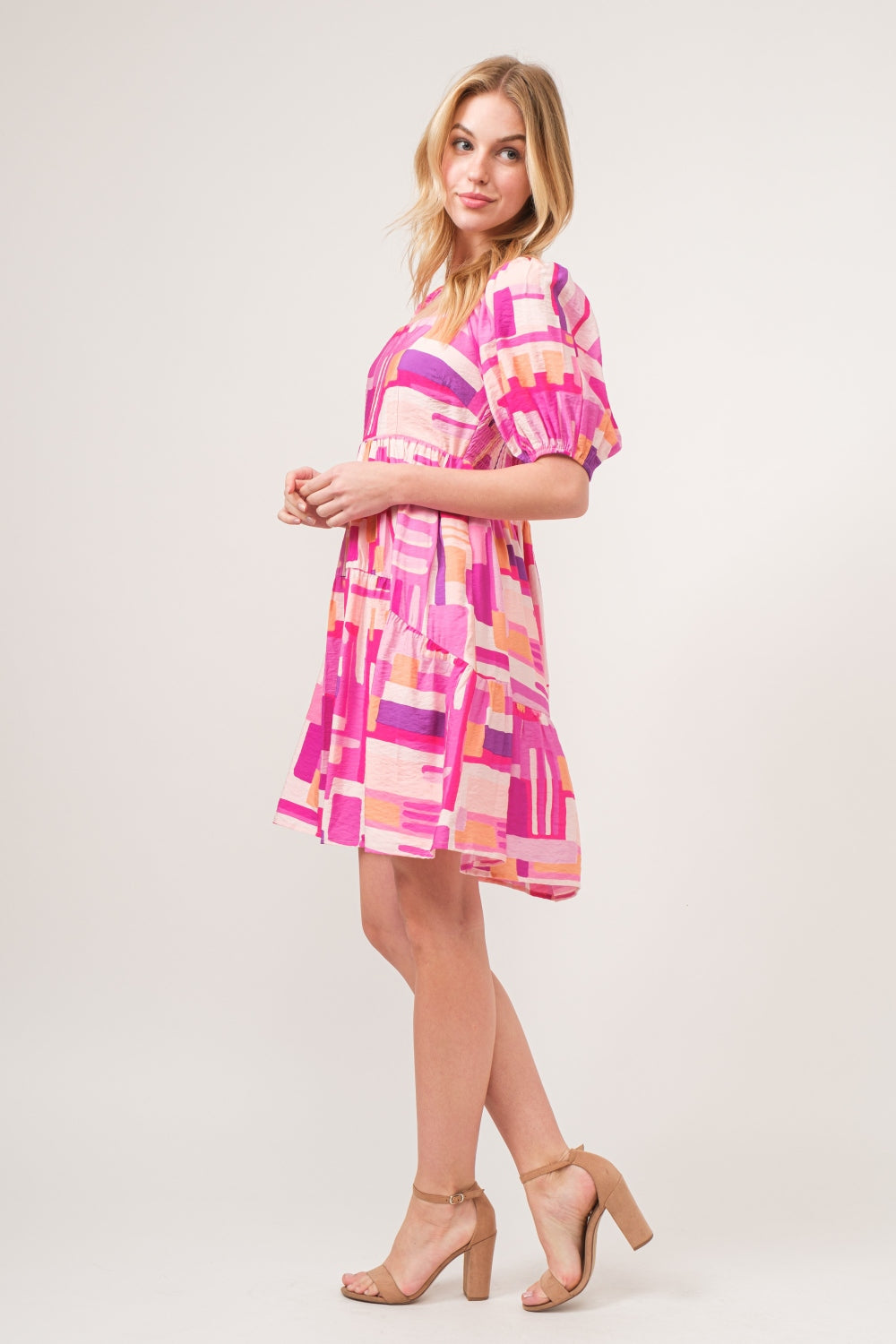 Pink Color Block Puff Sleeve Short Dress