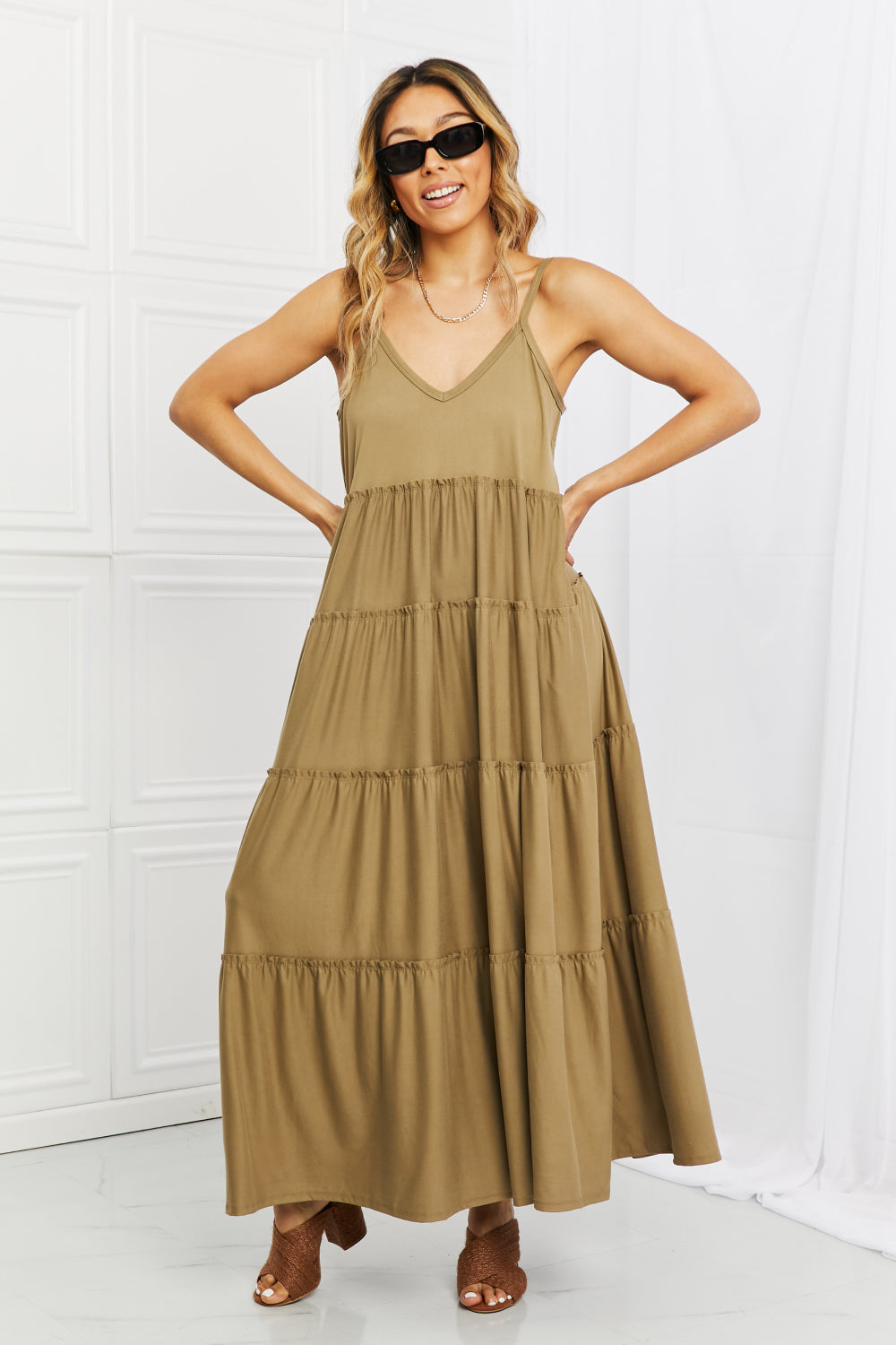 Full Size Spaghetti Strap Tiered Dress with Pockets in Khaki