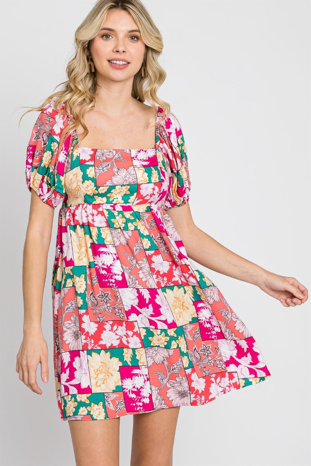 Floral Ruff Sleeve Short Dress