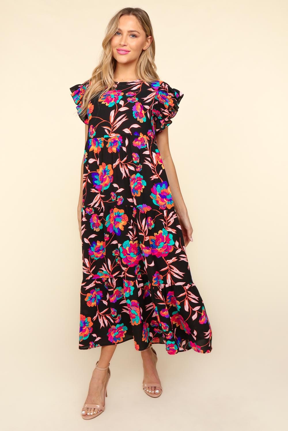 Ruffled Printed Round Neck Cap Sleeve Maxi Dress