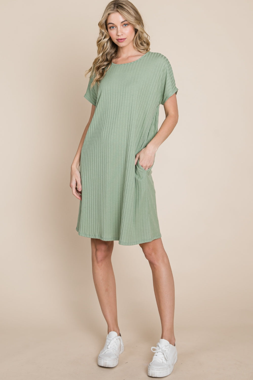 Ribbed Round Neck Short Sleeve Short Dress