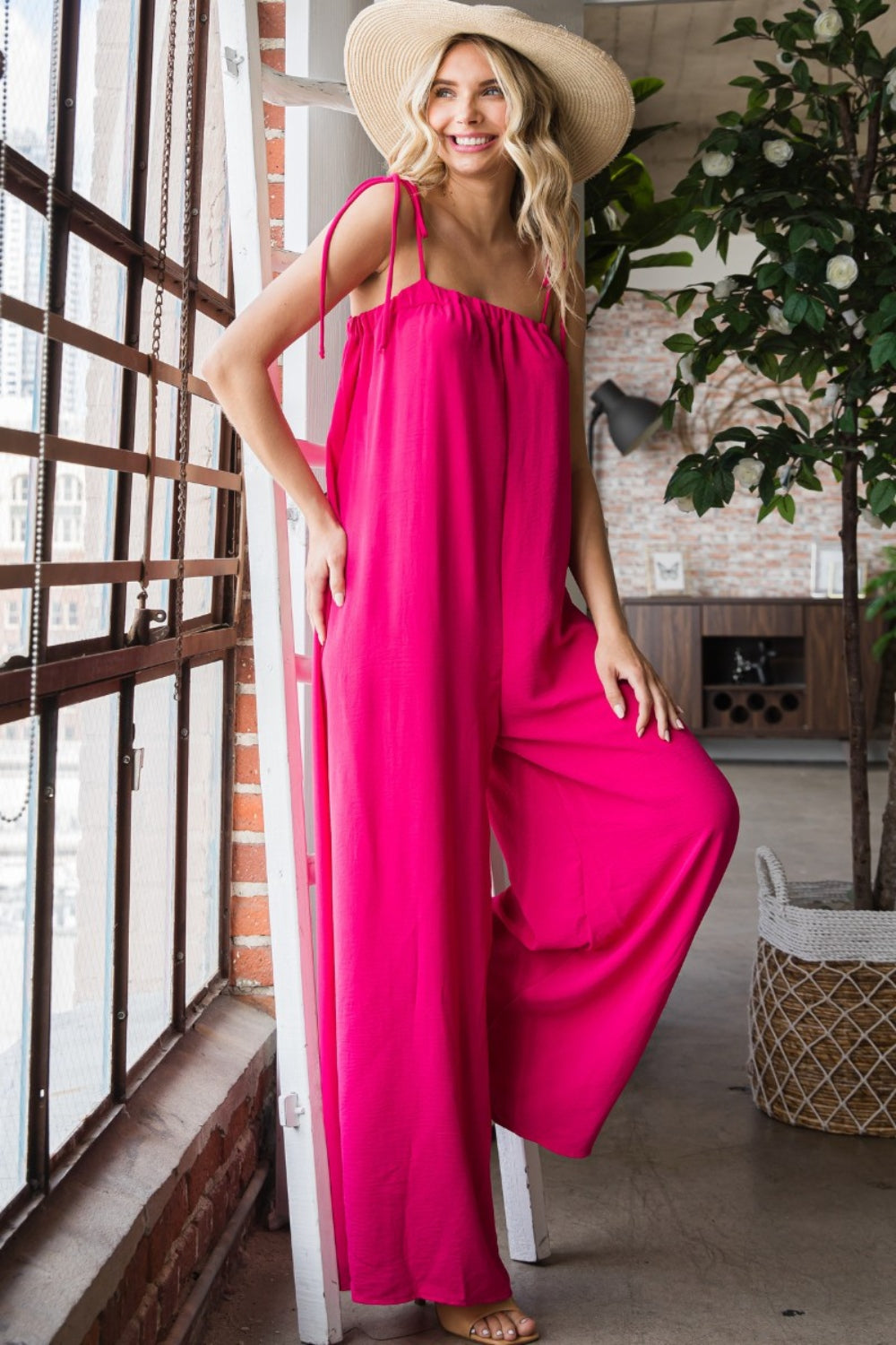 Pocketed Spaghetti Strap Wide Leg Jumpsuit