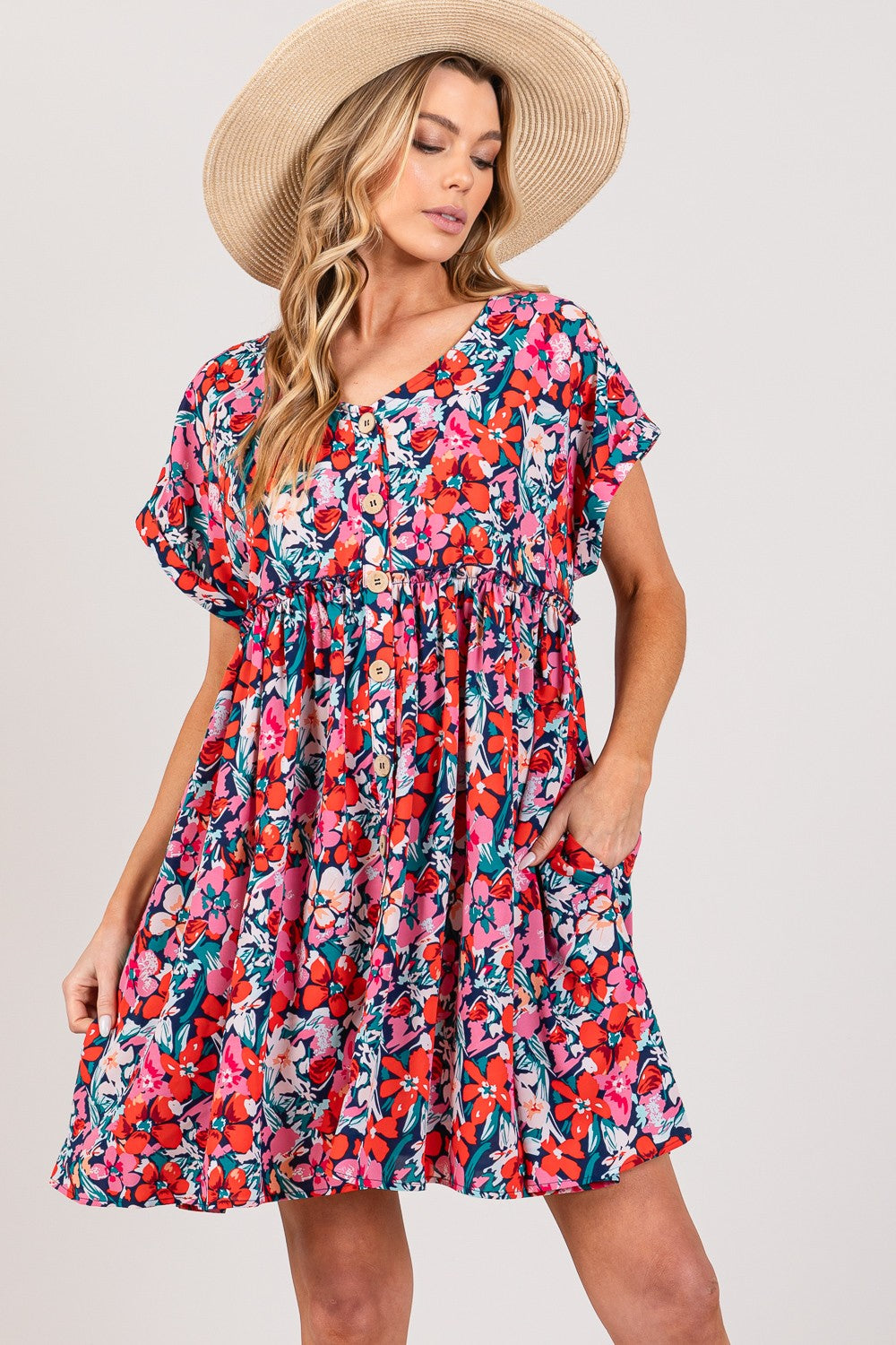 Floral Button Down Short Sleeve Short Dress