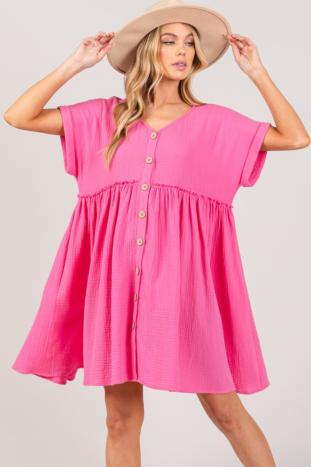 Pink Button Up Short Sleeve Short Dress