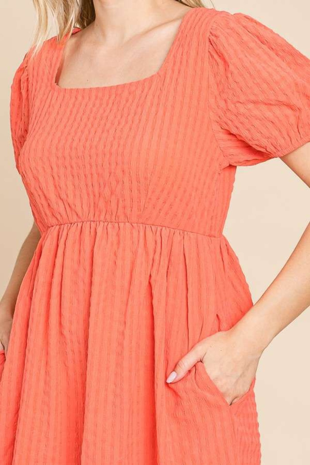 Textured Square Neck Short Dress