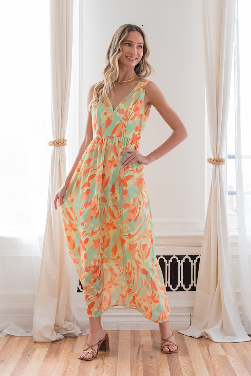 Lime Orange Printed V-Neck Sleeveless Maxi Dress