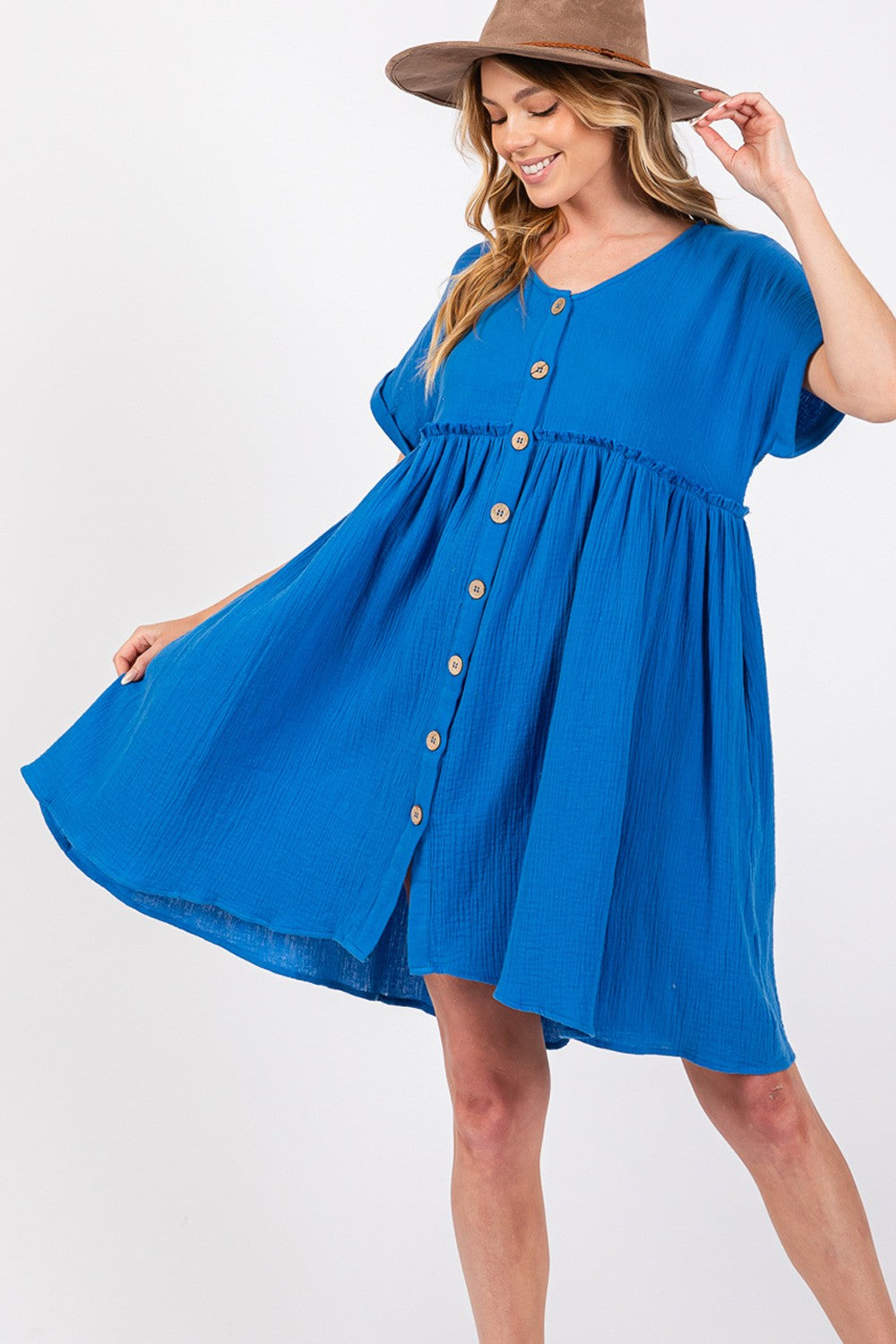 Button Up Short Sleeve Blue Short Dress