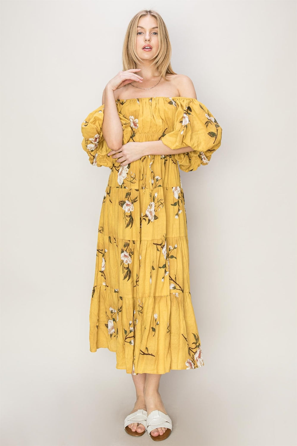 Yellow Floral Puff Sleeve Tiered Maxi Dress