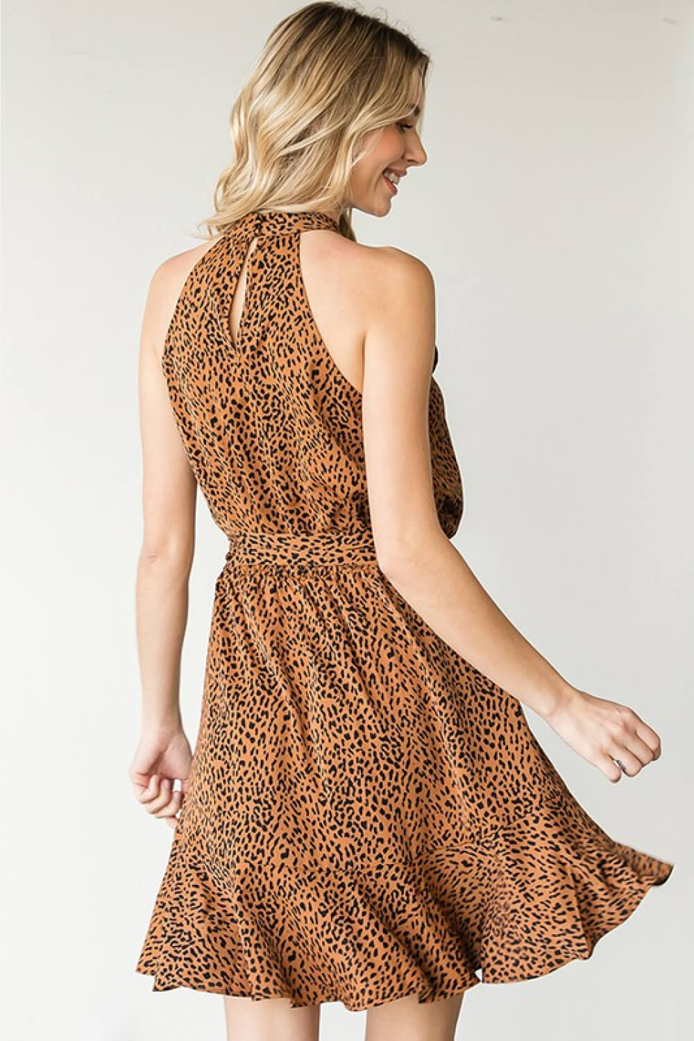 Full Size Leopard Belted Sleeveless Dress