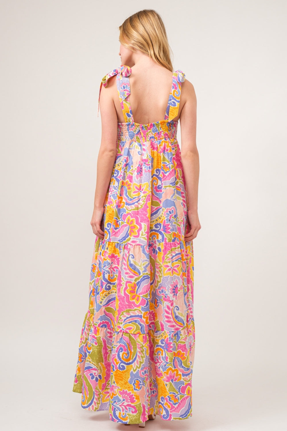 Printed Tie Shoulder Tiered Maxi Dress