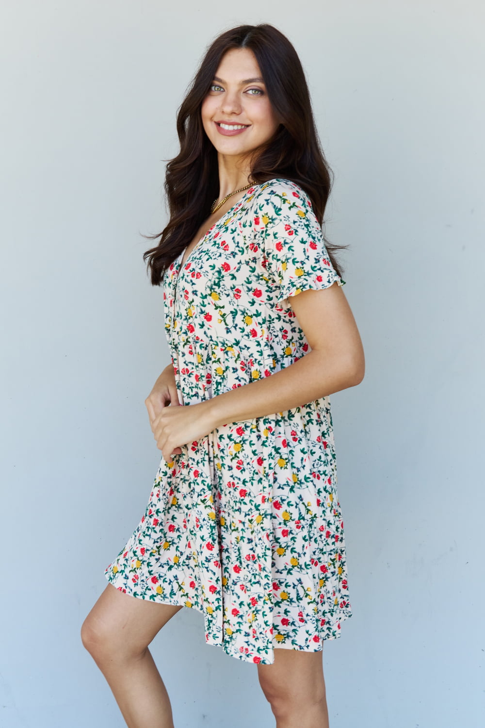 Full Size V-Neck Ruffle Sleeve Floral Short Dress