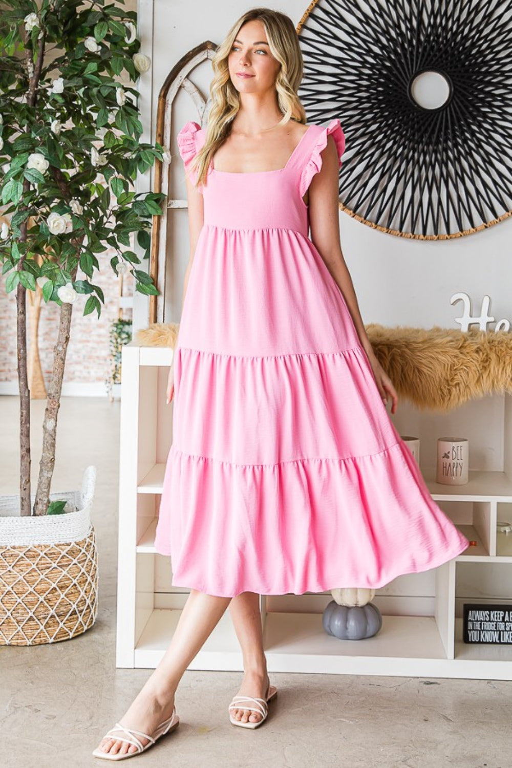 Bubble Pink Ruffled Sleeveless Tiered Midi Dress