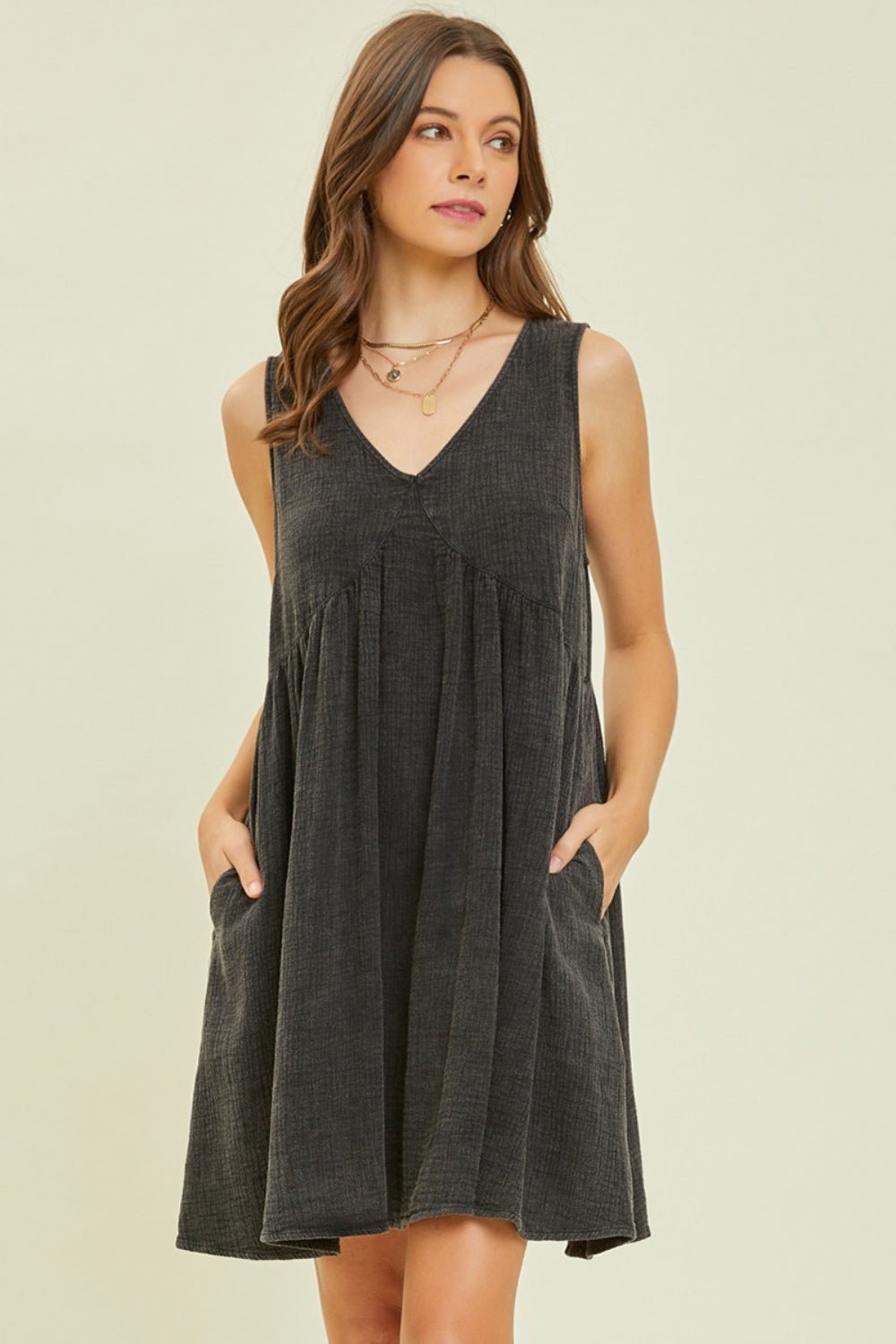 Full Size Texture V-Neck Sleeveless Flare Mini Dress