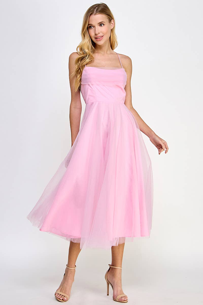 Pink Spaghetti Strap Tulle Midi Dress